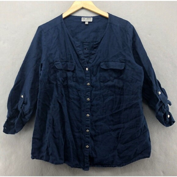 JM Collection 100% Linen Button Back Top Women 14 Nautical Coast Roll Tab Sleeve - Picture 1 of 11